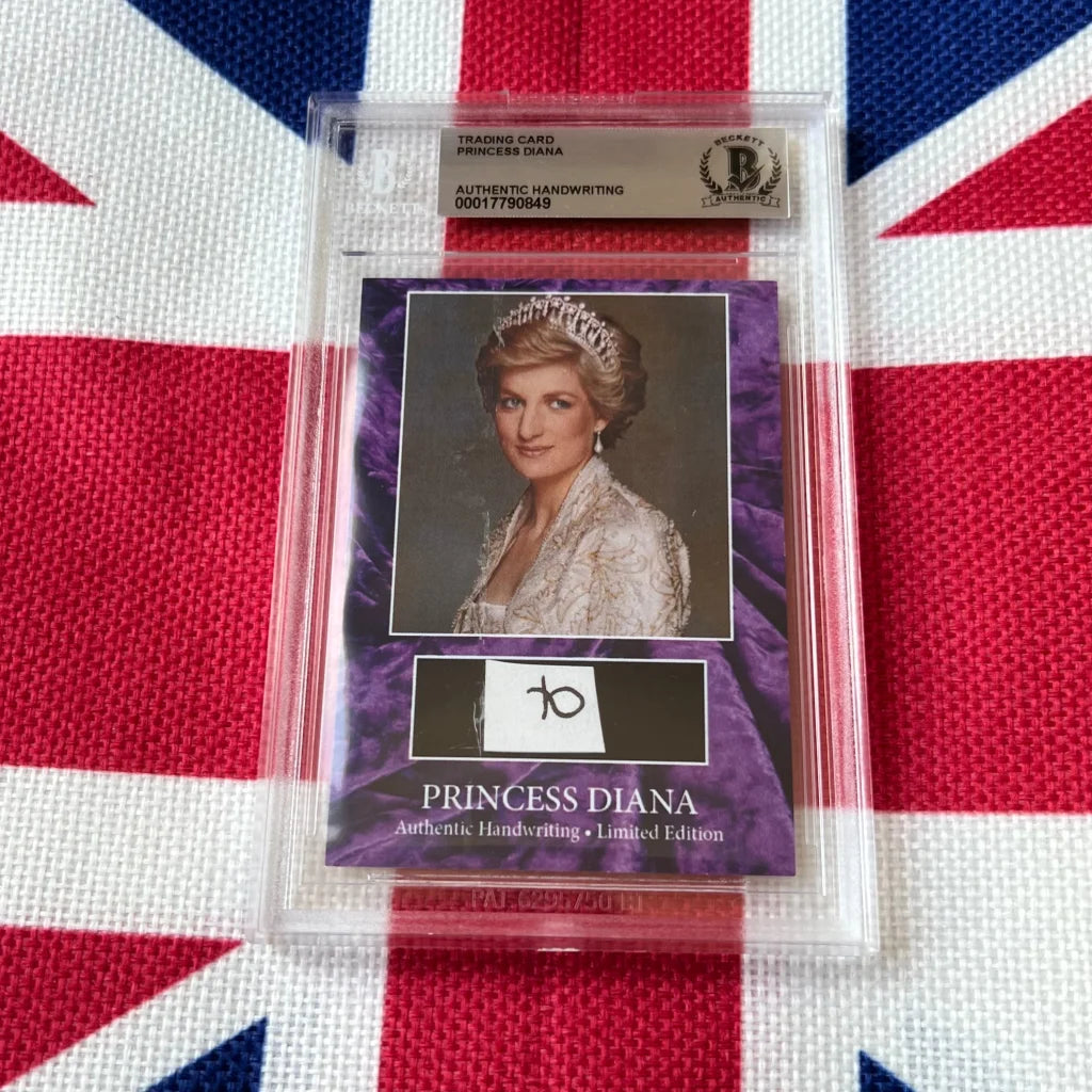 A purple princess diana handwritten letter trading card in white lace gown and tiara, slabbed with authentication label