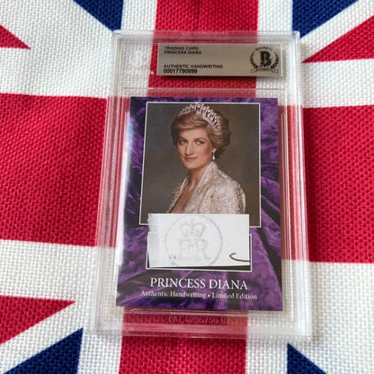 A purple-bordered princess diana handwritten letter trading card featuring an authentic signature and lace-trimmed gown