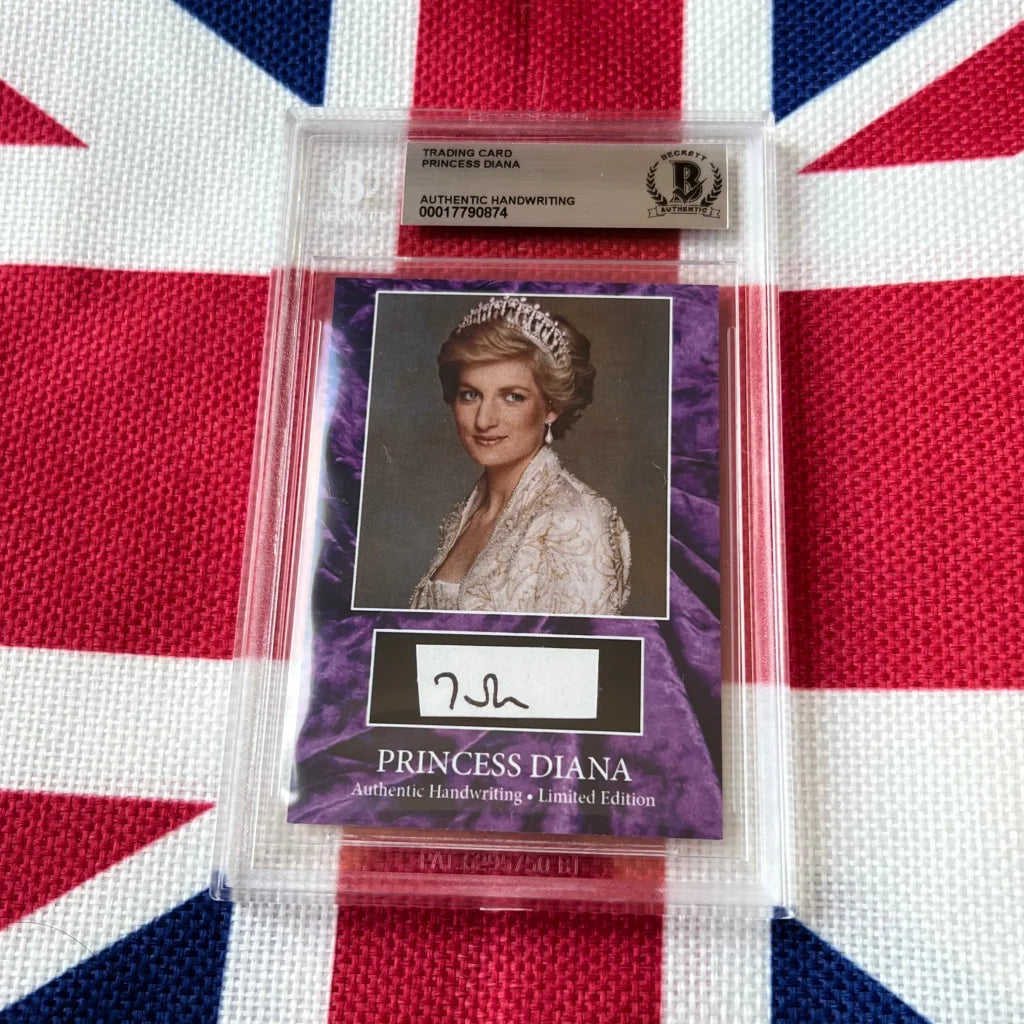 A signed princess diana handwritten letter trading card featuring her portrait in a clear protective slab