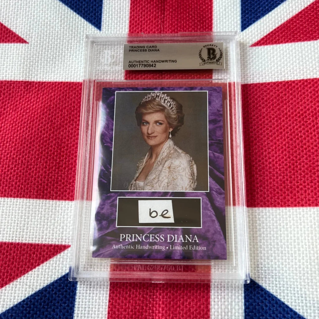 A framed princess diana handwritten letter trading card featuring diana in a white lace gown on purple fabric backing
