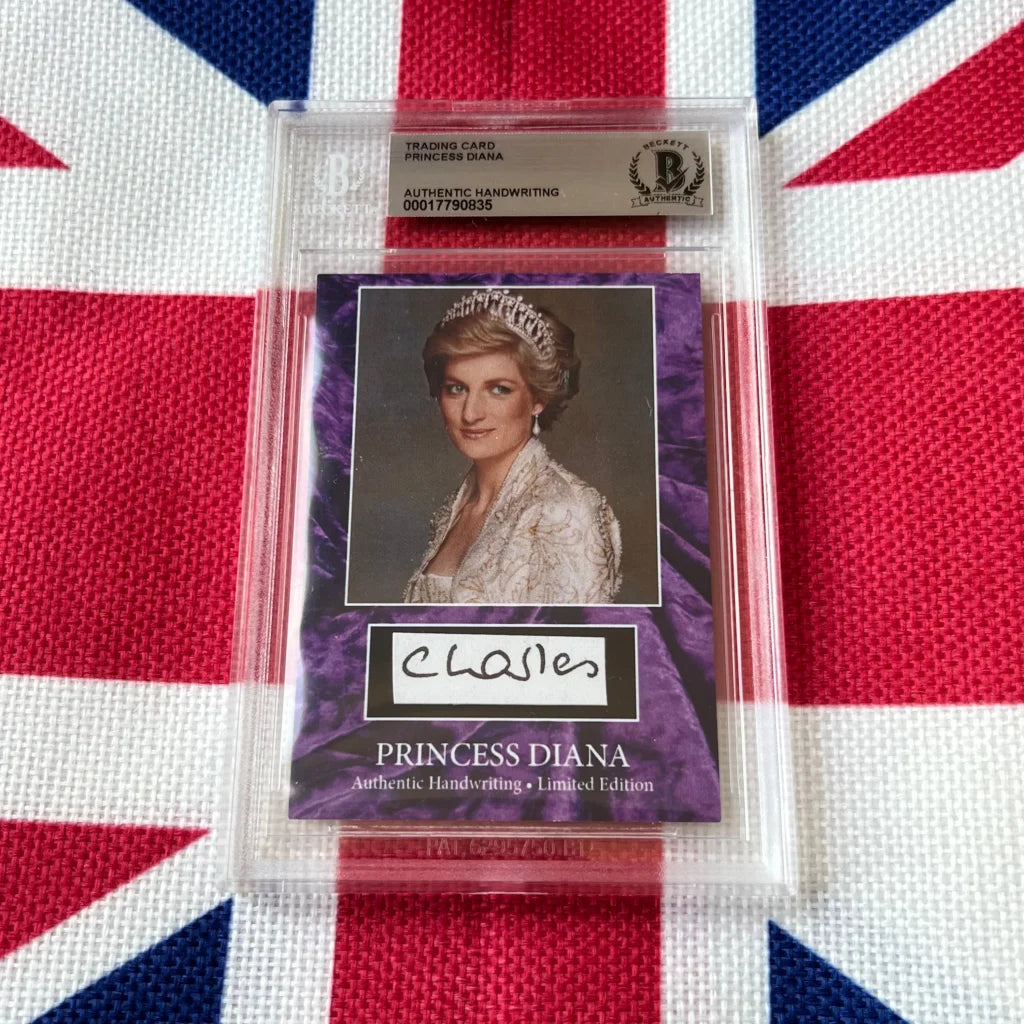 A purple trading card featuring princess diana in a white lace gown encased in a slab with an authentic handwriting label