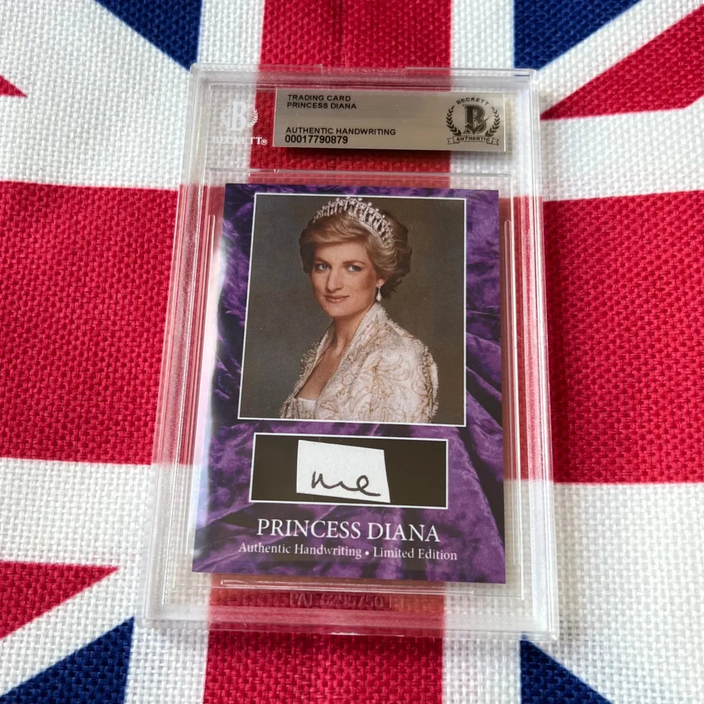 A purple trading card of princess diana in a white lace gown featuring her authentic handwriting people’s princess authentic piece