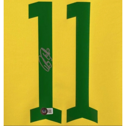 Yellow Raphinha Brazil jersey with green 11 number and autograph, authentic signed gear