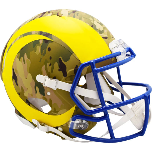 Authentic Riddell camo helmet with yellow and blue facemask