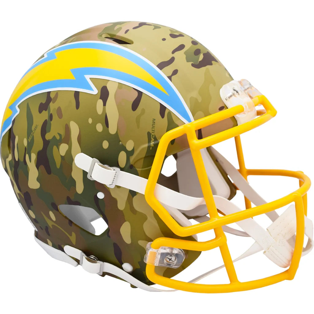 Authentic Riddell camo helmet with yellow face mask and lightning bolt logo