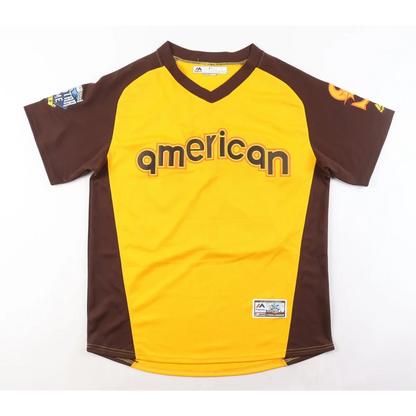 Yellow and brown short-sleeved V-neck t-shirt with Robinson Cano logo