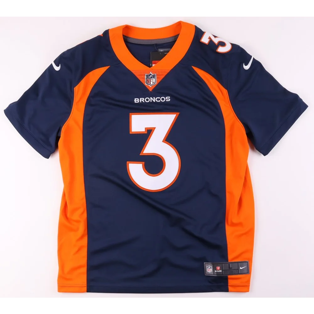 Navy blue and orange Denver Broncos jersey with Russell Wilson’s number 3 and Fanatics hologram