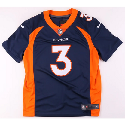 Navy blue and orange Denver Broncos jersey with Russell Wilson’s number 3 and Fanatics hologram