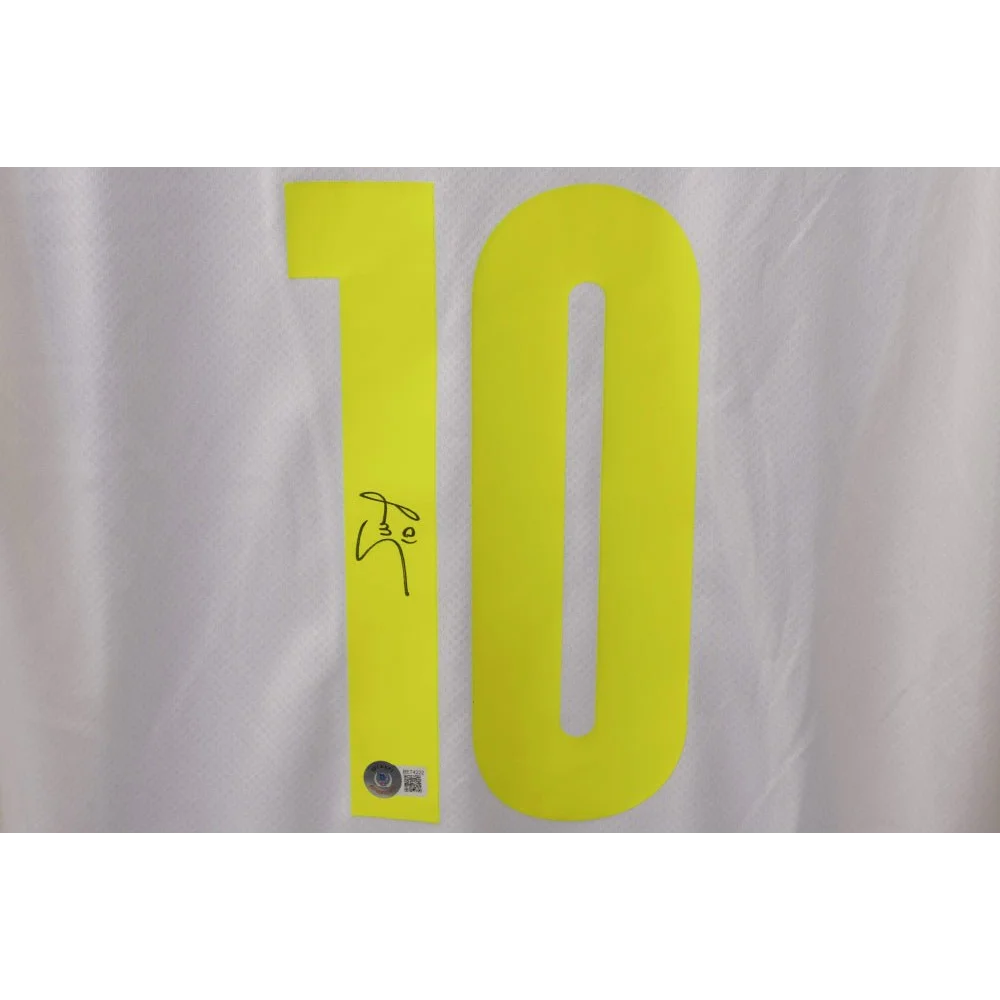 White football jersey with neon yellow 10 and Sadio Mane signature from Senegal