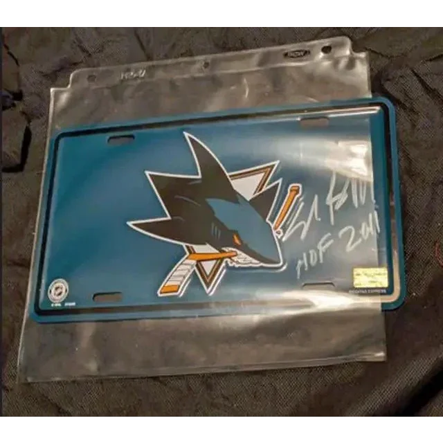 San Jose Sharks commemorative license plate on authentic team novelty plate display