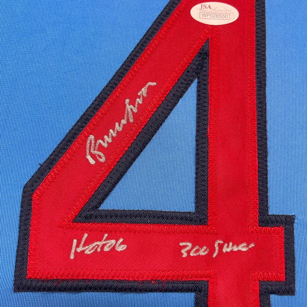 Light blue Signed Baseball Jersey Number 4 with White Autographs and JSA Certificate