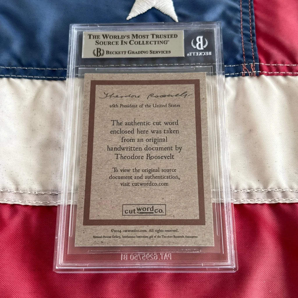 Authentic Theodore Roosevelt words in graded display case from the Roosevelt words collection