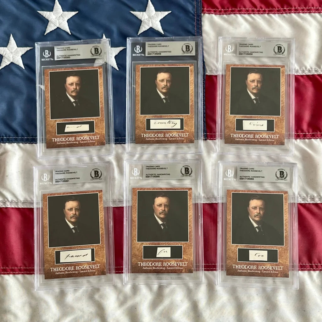 Six graded Theodore Roosevelt autograph cards from the authentic Roosevelt words collection