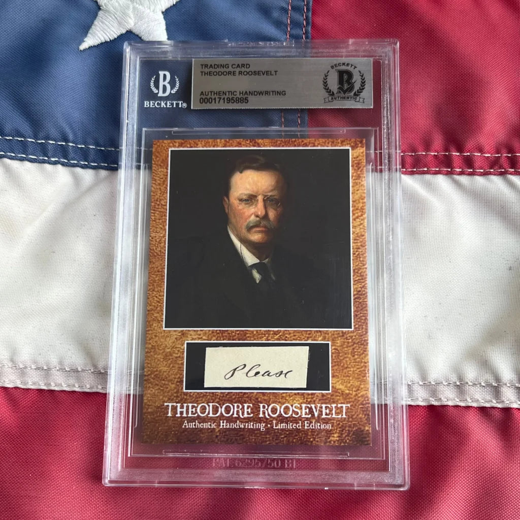 Authentic Theodore Roosevelt 1908 autograph card in gold border sleeve from Roosevelt Words Collection