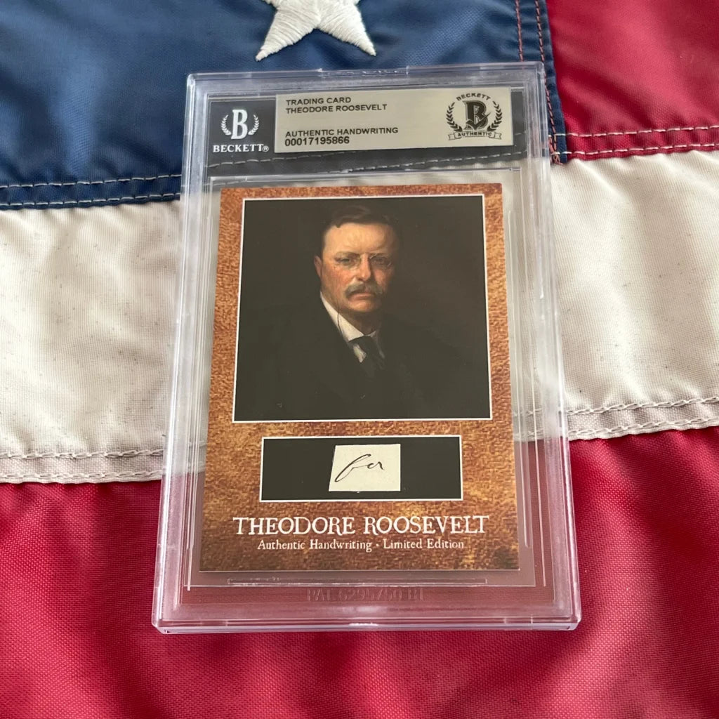 Theodore Roosevelt graded trading card with portrait and authentic Roosevelt words piece