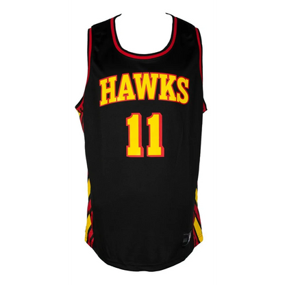 Black Atlanta Hawks fanatics jersey with Trae Young, signed, red and yellow trim