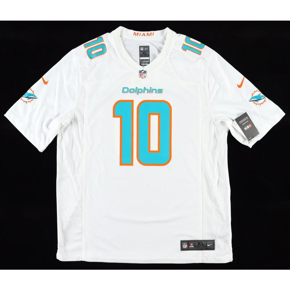 White Miami Dolphins Nike jersey with Tyreek Hill’s autograph and number 10