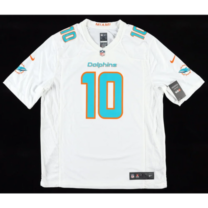 White Miami Dolphins Nike jersey with Tyreek Hill’s autograph and number 10