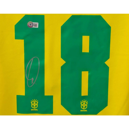 Yellow Vinicius Junior signed Brazil jersey with green 18, autograph, holographic sticker