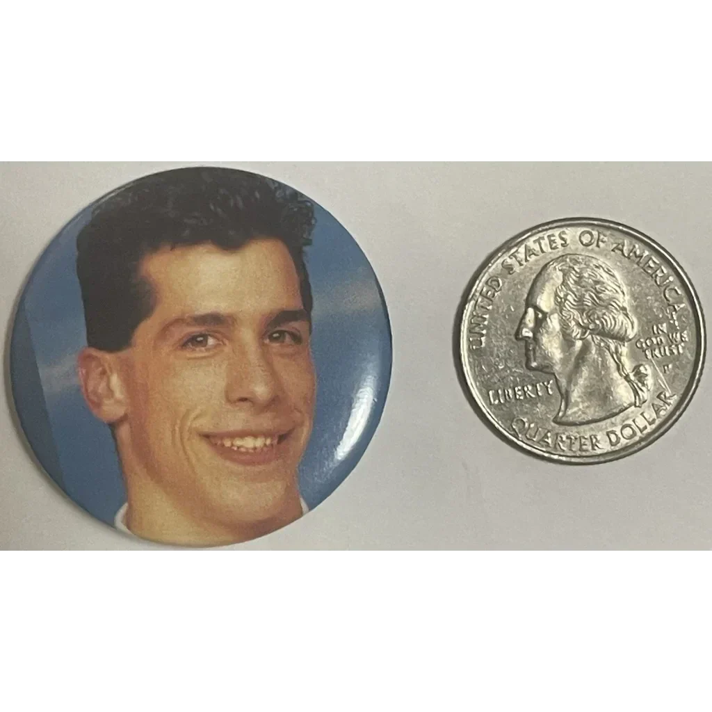 Smiling young man on an Authentic Vintage NKOTB Danny Wood Pin for 80s nostalgia