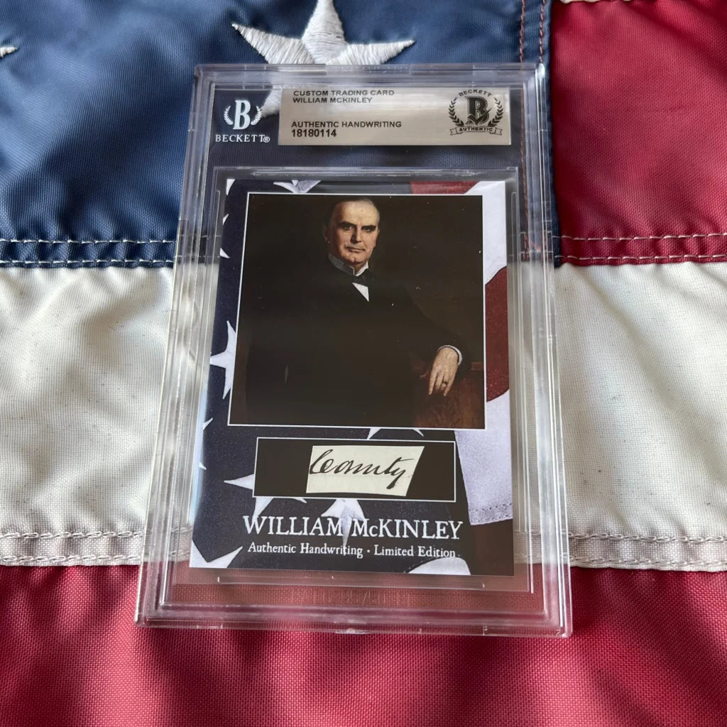 Beckett-graded custom trading card featuring authentic william mckinley handwriting in american flag-themed protective sleeve