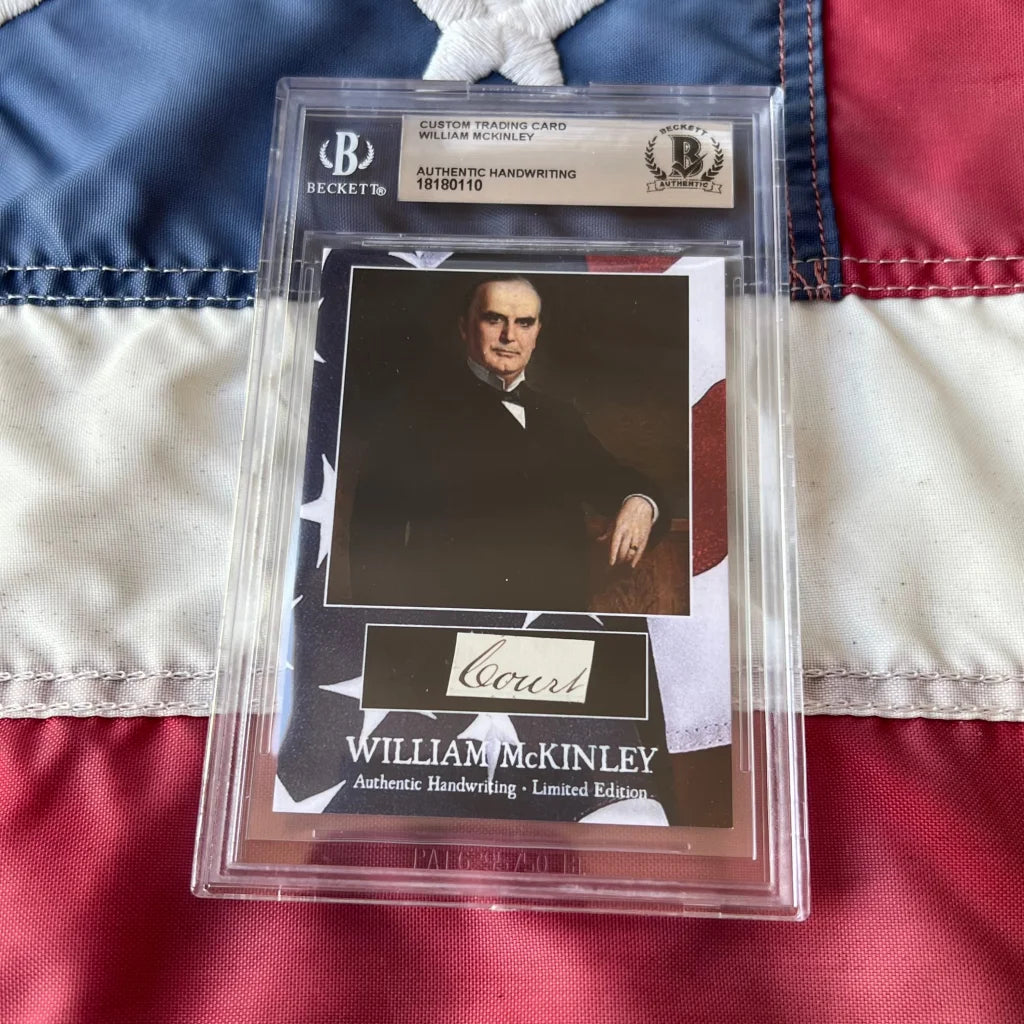 Beckett-authenticated authentic William McKinley words collectible card with handwriting in clear slab and American flag design