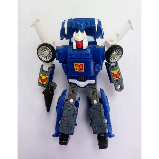 Blue and white Autobot Tracks Transformers action figure with yellow accents