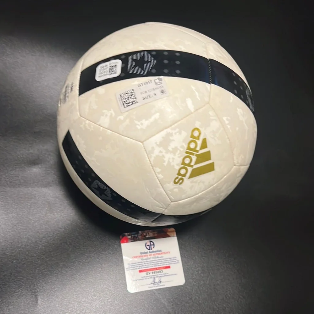Autographed Adidas soccer ball with COA Juventus gold lettering and black and white design