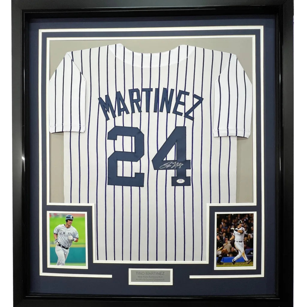 Framed autographed Baseball Jersey with player photos and nameplate for wall display