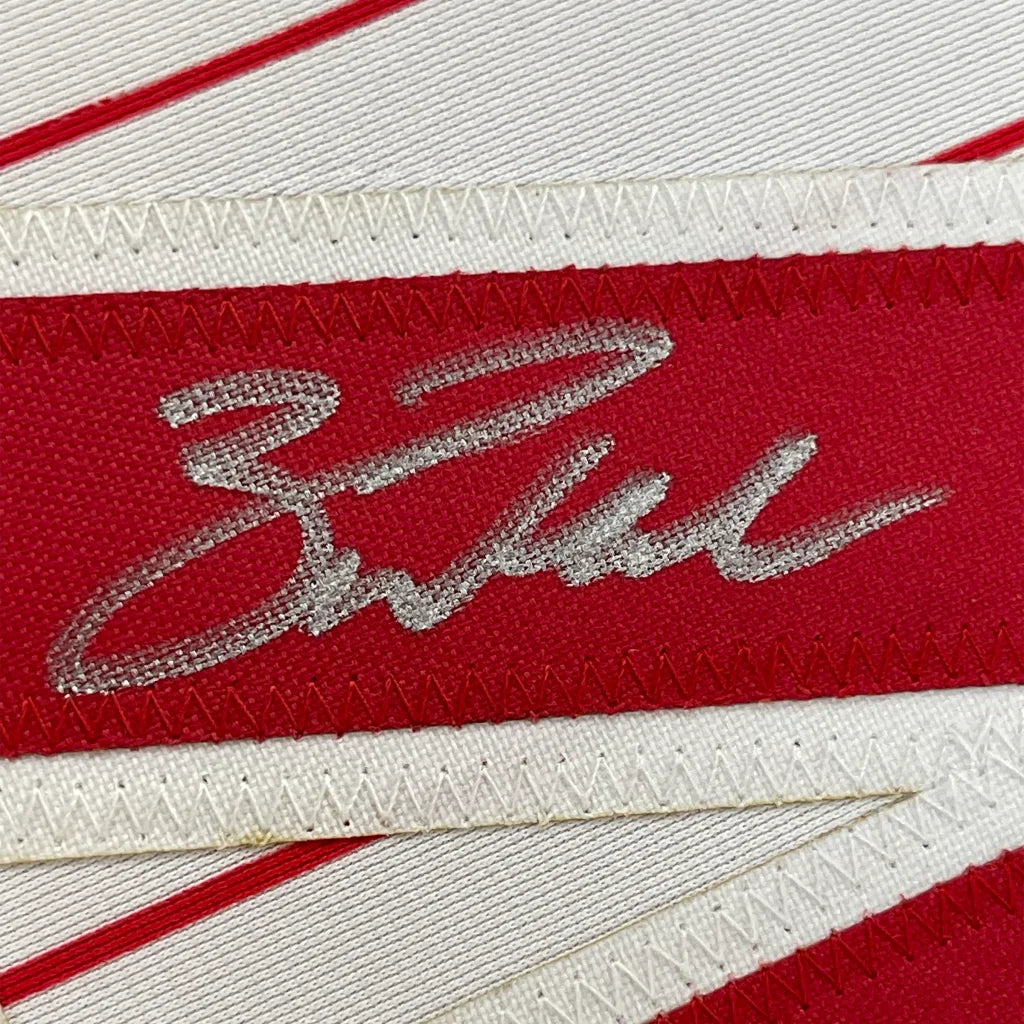 Red and white striped fabric with silver embroidery on Autographed Baseball Jersey for Man Cave
