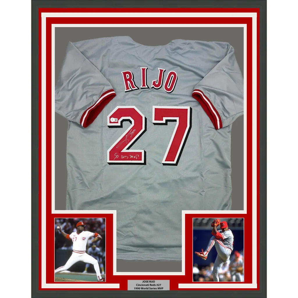 Framed 27 Rijo baseball jersey with red and white accents, autographed Falcons display