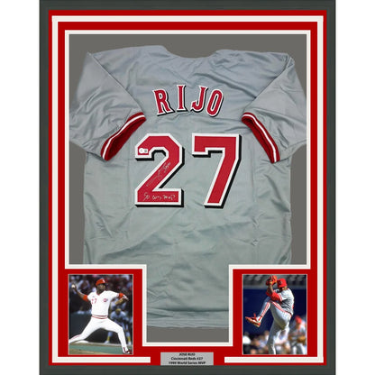Framed 27 Rijo baseball jersey with red and white accents, autographed Falcons display