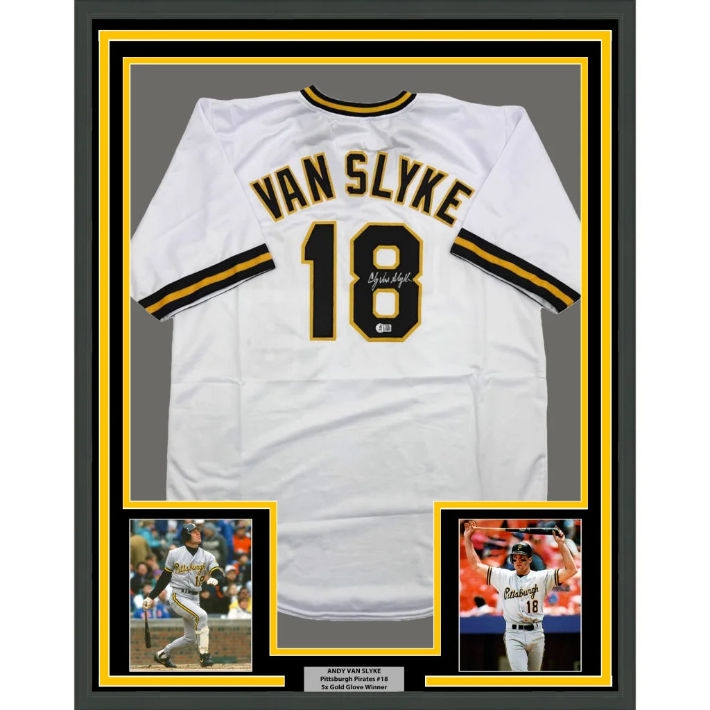 Autographed Van Slyke baseball jersey in white gold frame with photos