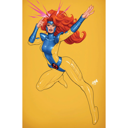 Autographed Jean Grey Marvel Girl comic cover featuring Jean Grey in yellow and blue X-Men uniform by David Nakayama