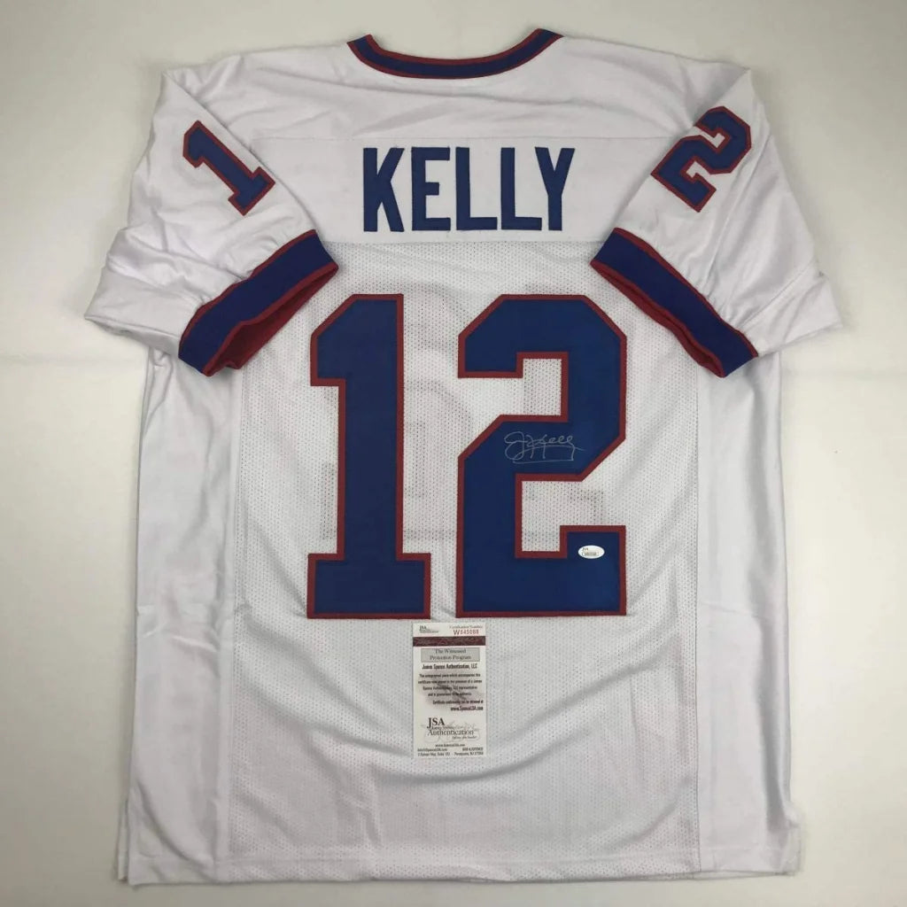 Autographed white football jersey with blue numbering, perfect for sports league fans