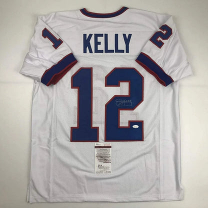 Autographed white football jersey with blue numbering, perfect for sports league fans