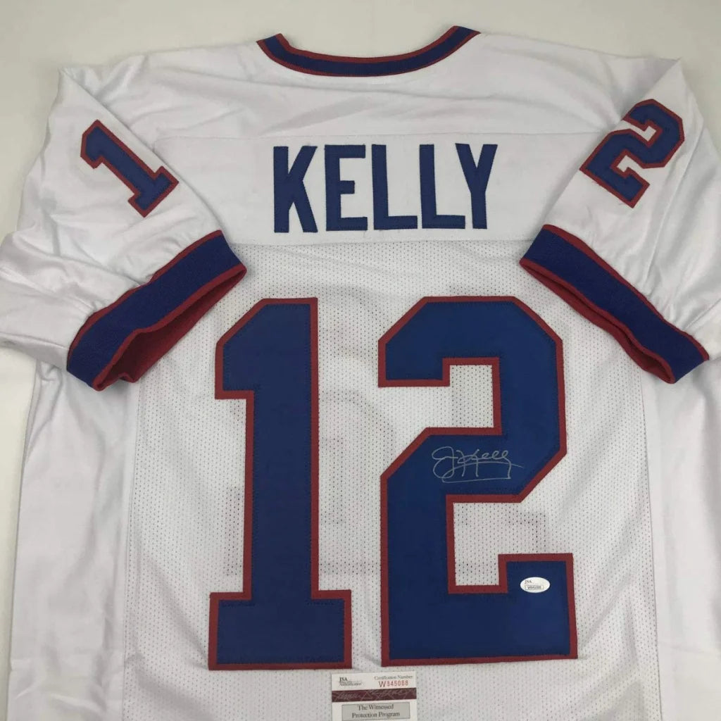 White custom Kelly 12 football jersey with autograph, perfect for professional sports fans