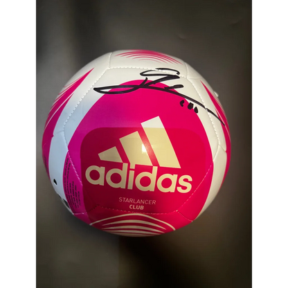 Pink and white Adidas Starlancer Club soccer ball autographed by Leo Messi for Messi Adidas soccer fans
