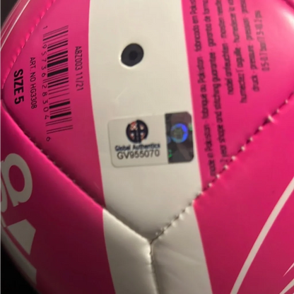 Pink and white Leo Messi Adidas soccer ball with Global Authentics sticker, autographed Messi soccer collectible