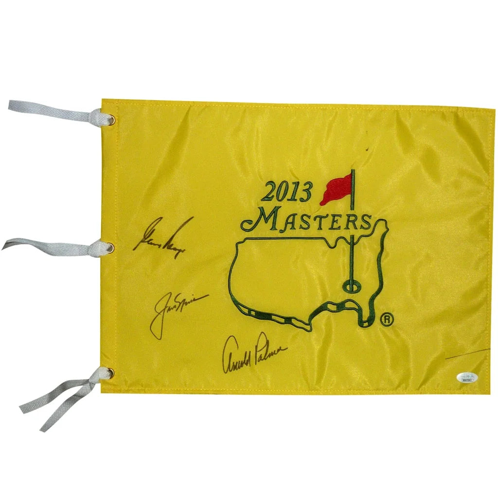 Autographed Masters golf pin flag with yellow background and signatures