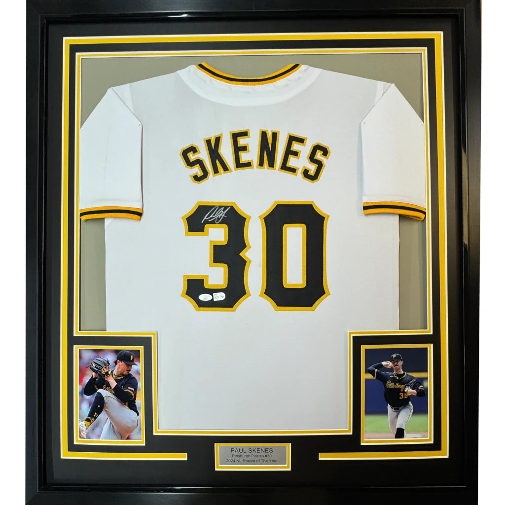 Autographed Paul Skenes white baseball jersey with photos, ready to hang