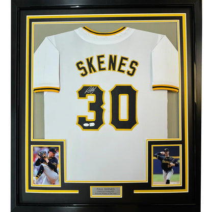 Autographed Paul Skenes white baseball jersey with photos, ready to hang