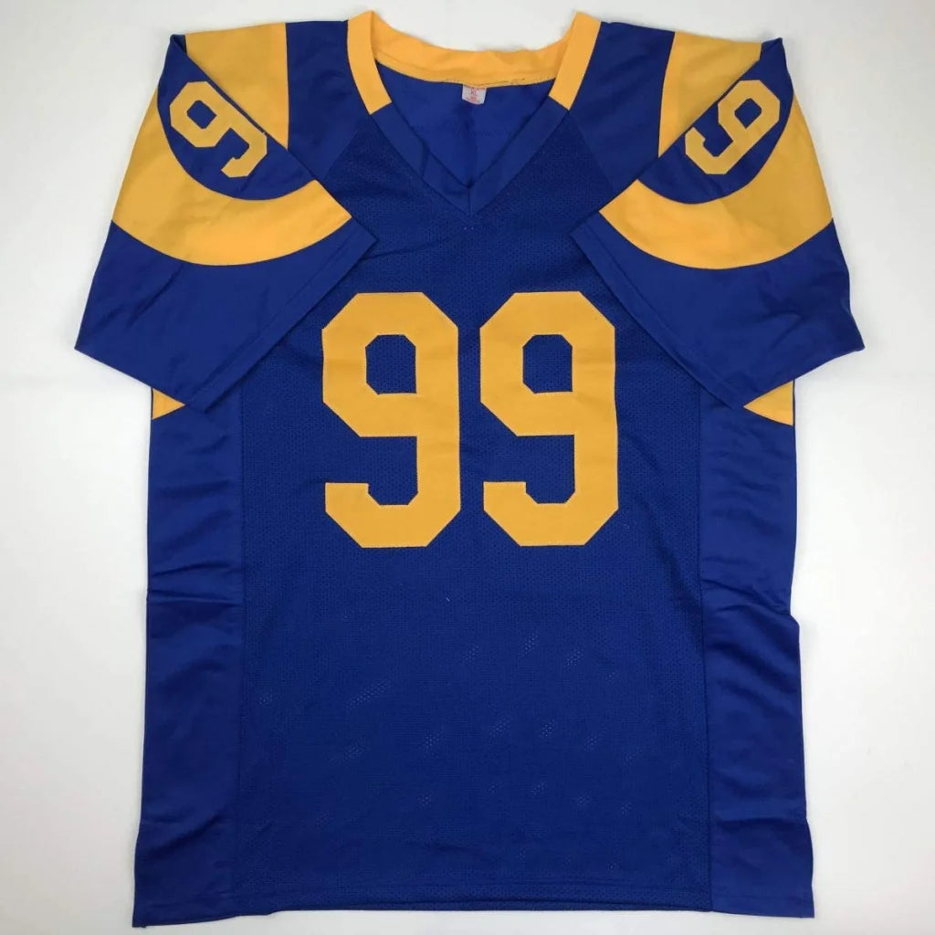 Blue and gold custom jersey with number 99 from a professional sports league