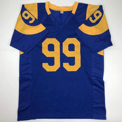 Blue and gold custom jersey with number 99 from a professional sports league
