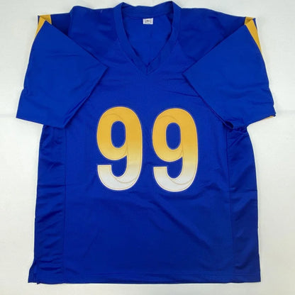 Autographed Aaron Donald custom jersey in royal blue with gold and white number 99 for professional sports league fans