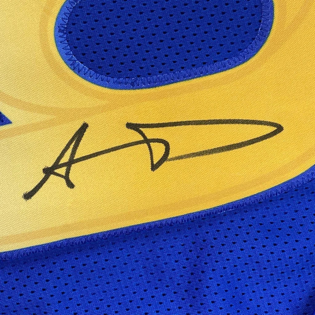 Yellow and blue mesh custom jersey with black signature for professional sports league autographed aaron donald football