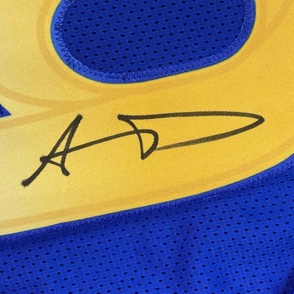 Yellow and blue mesh custom jersey with black signature for professional sports league autographed aaron donald football
