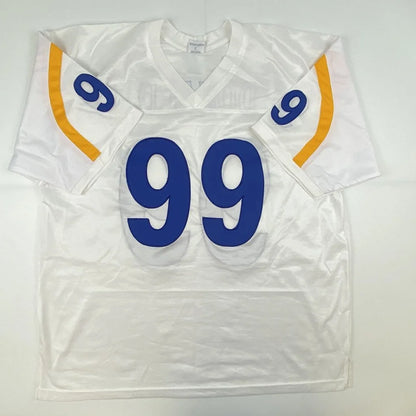 White custom jersey from Professional Sports League with blue 99 and yellow stripes