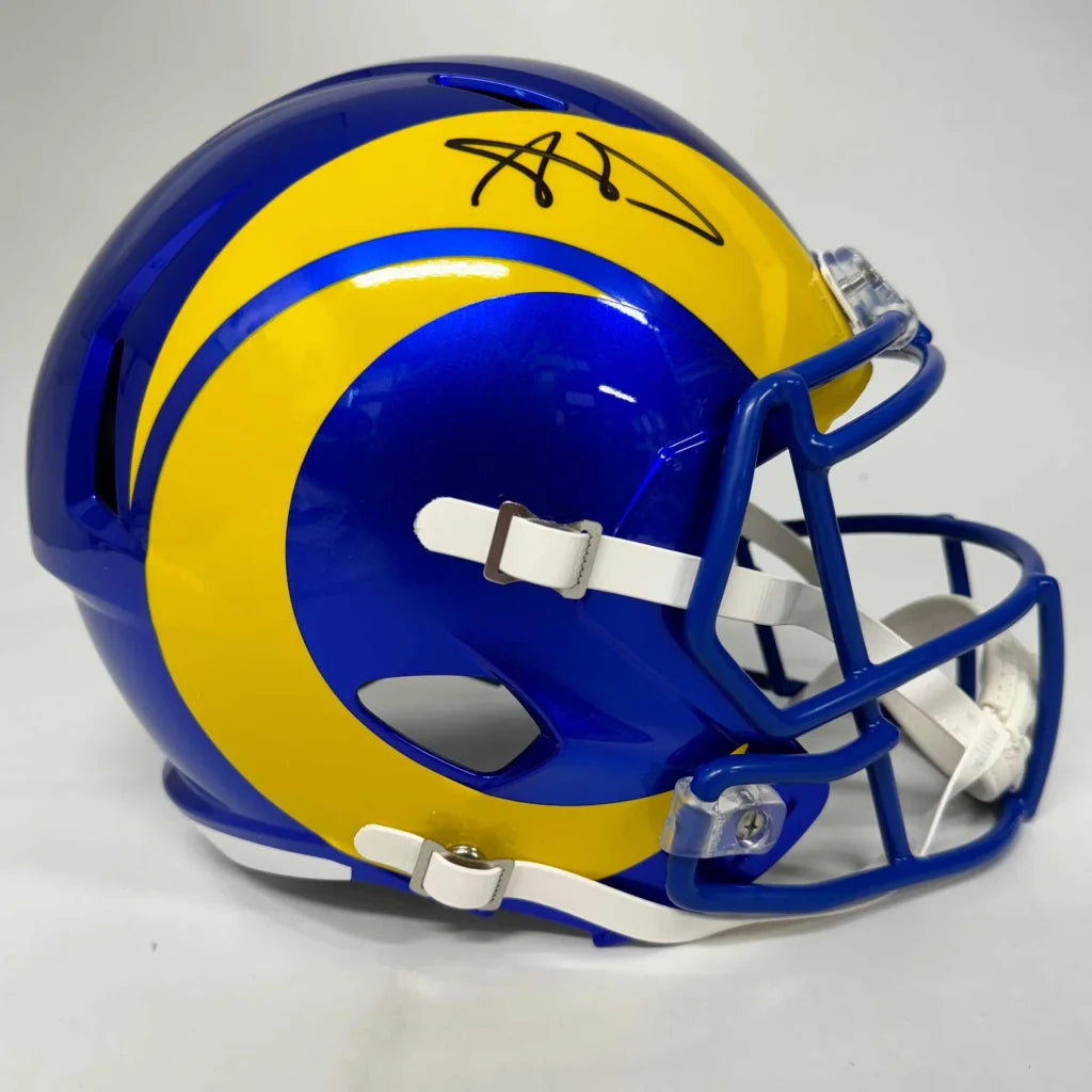 Blue and yellow Los Angeles Rams helmet with black signature and third party authentication