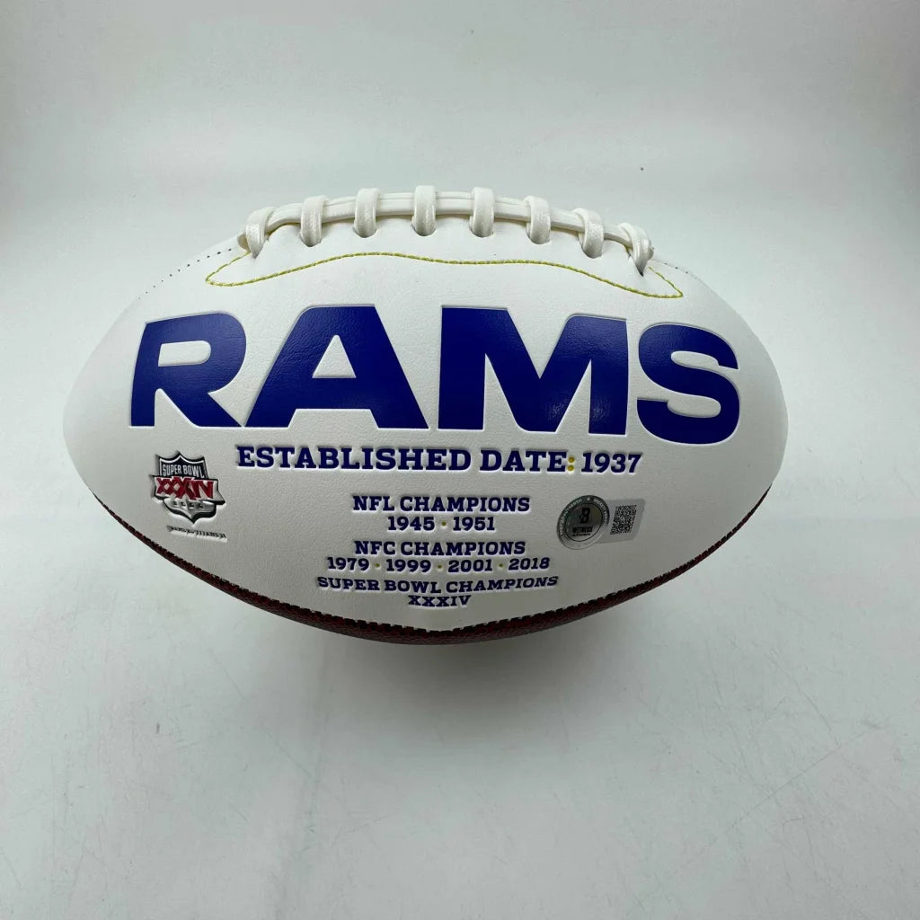 White football with blue RAMS lettering showcasing third party authentication for LA Rams fans